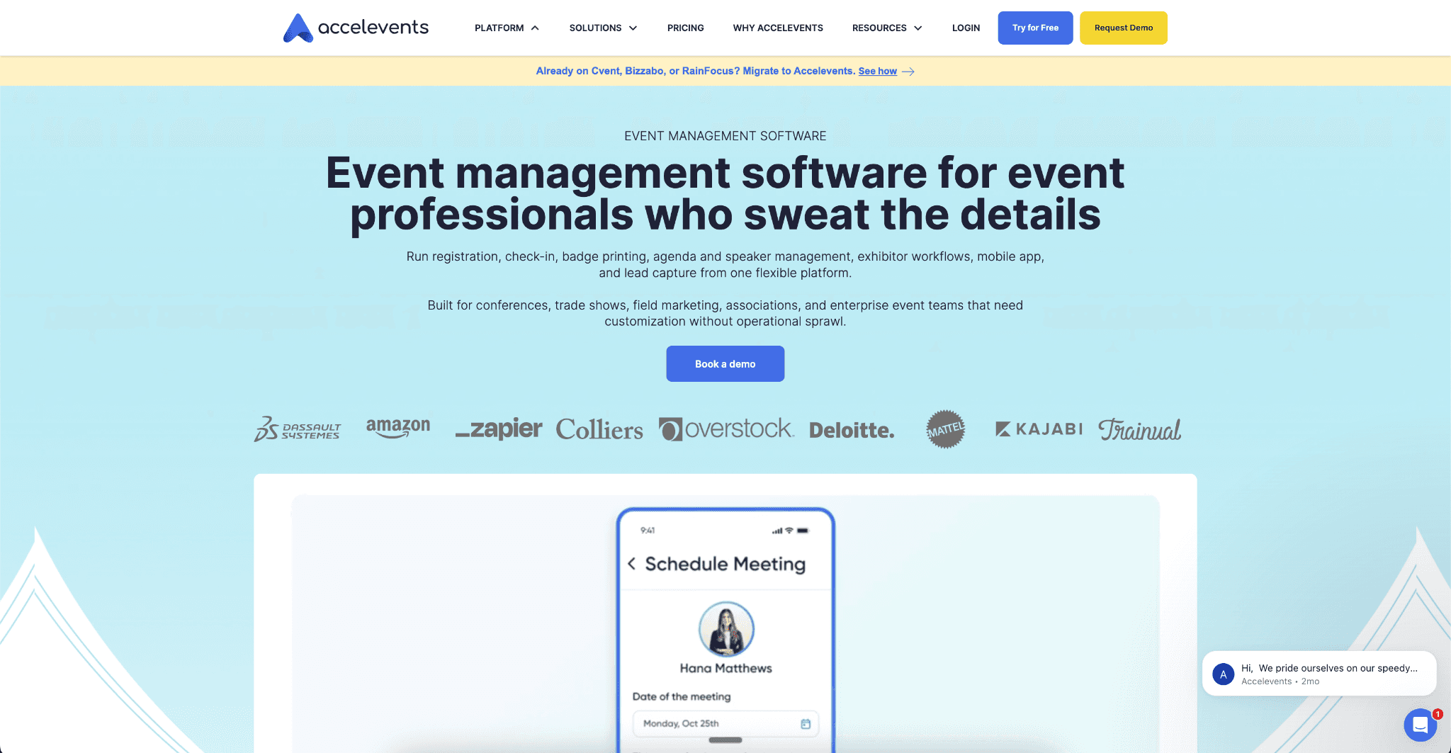 Accelevents' current public website describing its event management platform.
